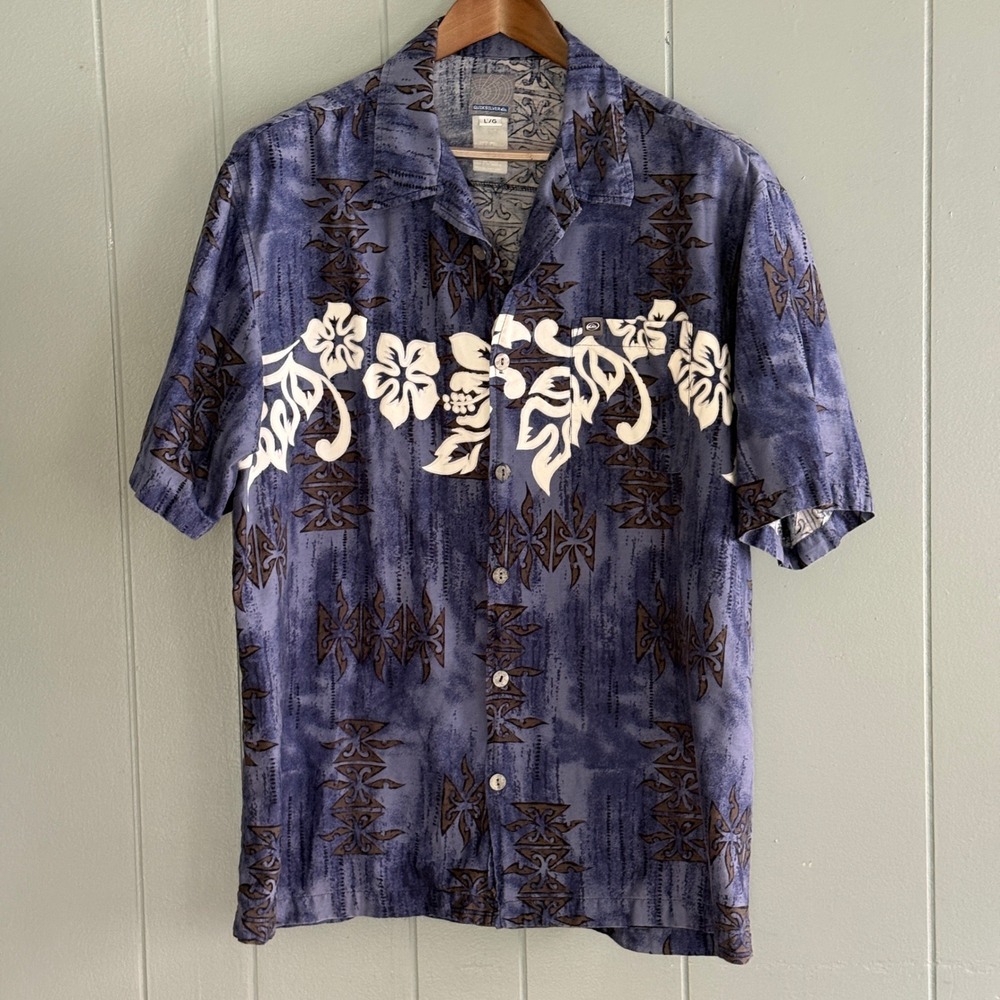 Vintage Quiksilver Hawaiian Shirt Men L Blue Hibiscus Tribal Print Cotton Camp